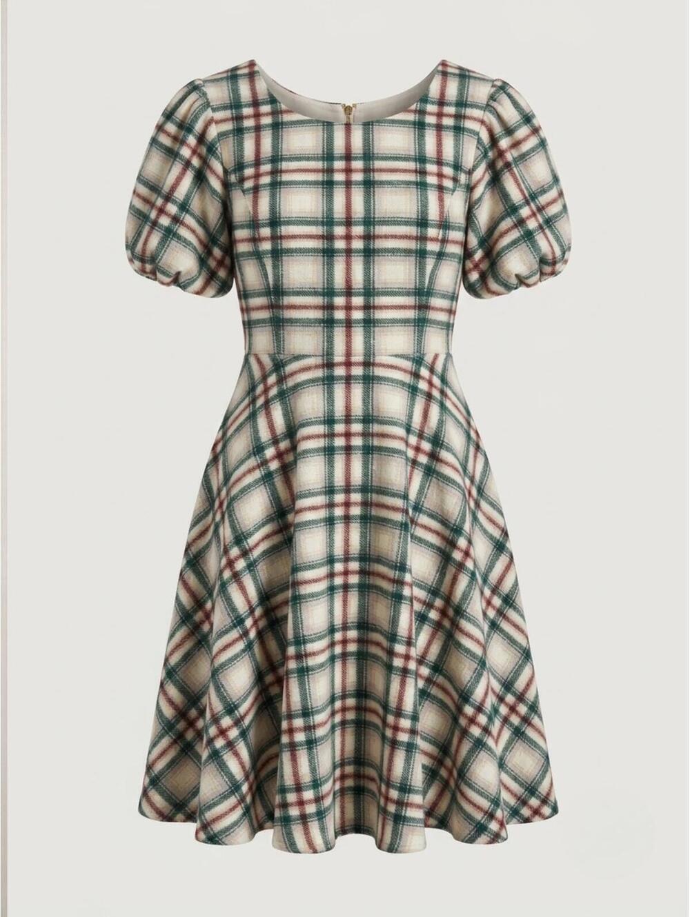 Ivy City Co. Plaid Wool-Blend Puff Sleeve Dress Women's Medium